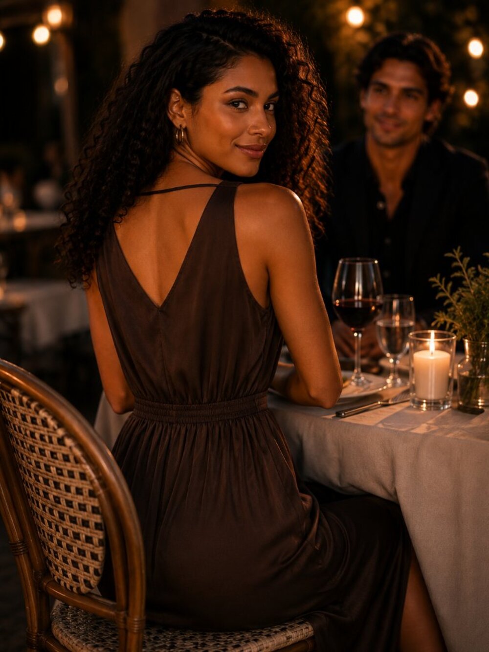 NWT Dark Brown Satin V-Neck Tie Waist Midi Dress